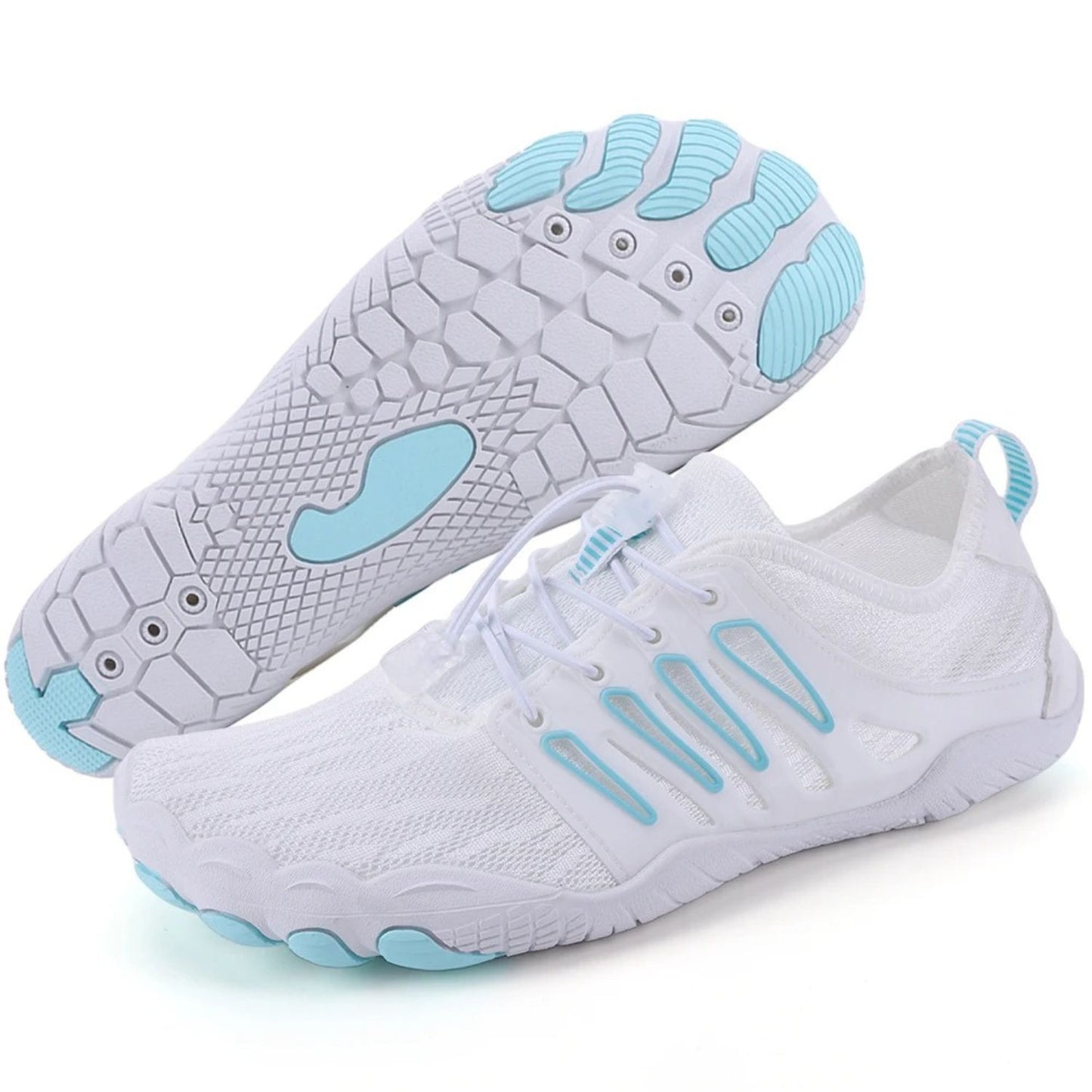 White minimalist sneaker with light blue textured sole and mesh upper, side angle view.