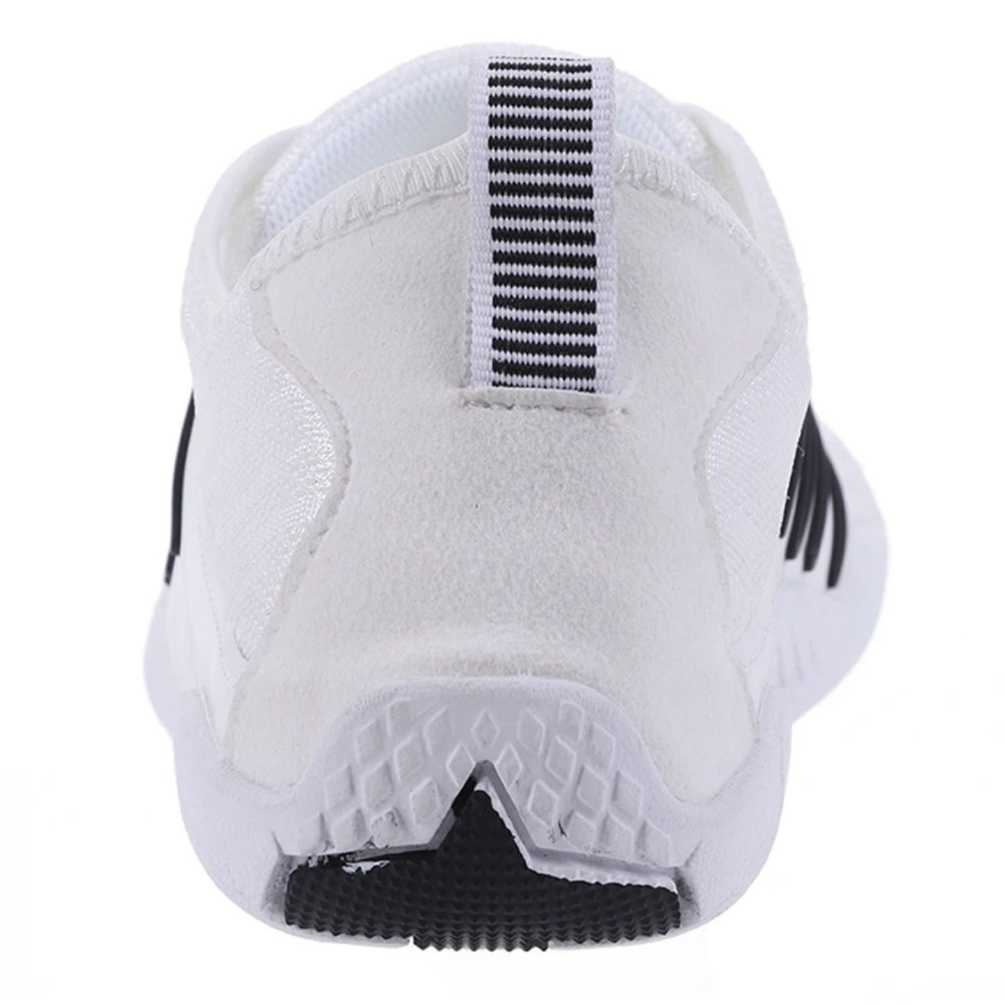 Rear view of white barefoot shoe with black vertical heel tab and low ankle cut.