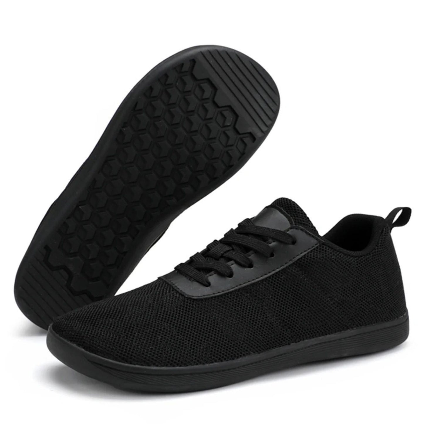 Black lace-up sneaker with mesh upper, shown from bottom and side profile.