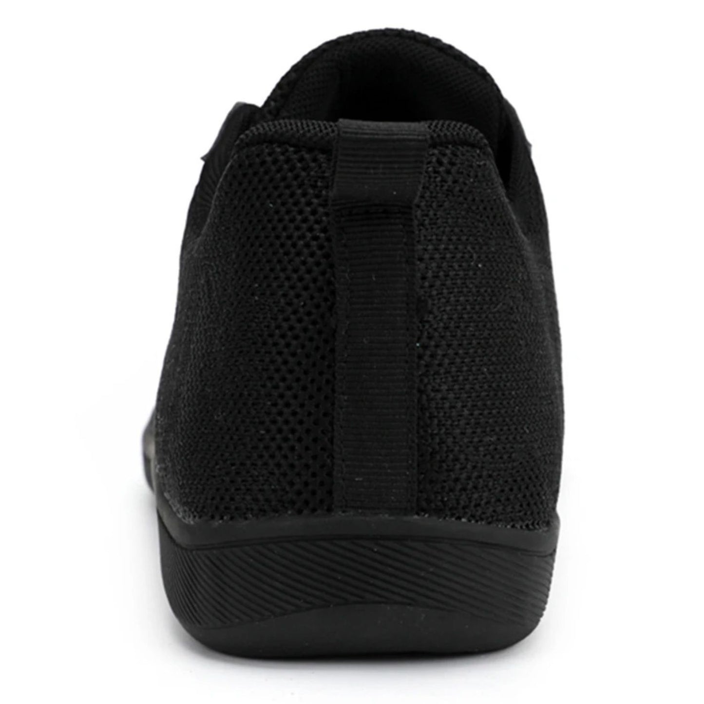 Rear view of black knit sneaker with pull tab and low-cut heel.