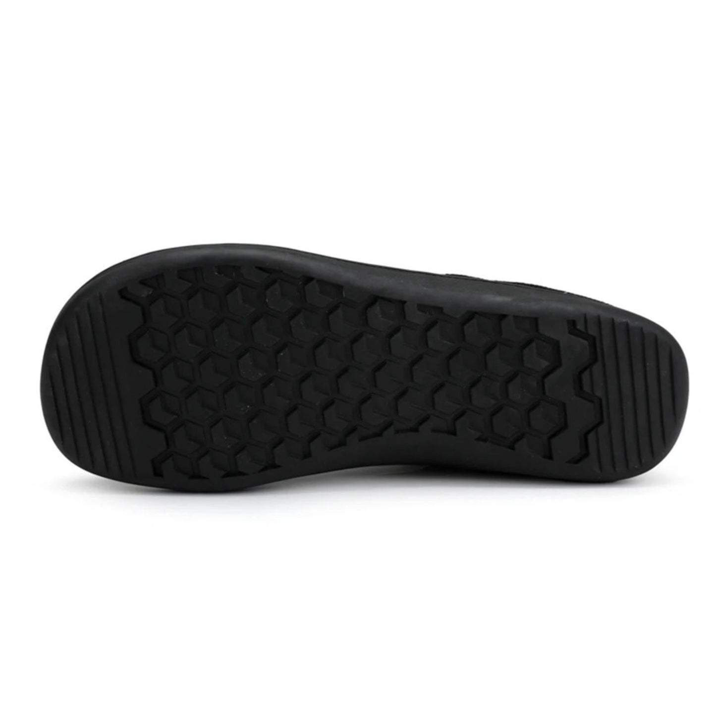 Bottom view of black sneaker with patterned rubber sole for traction.