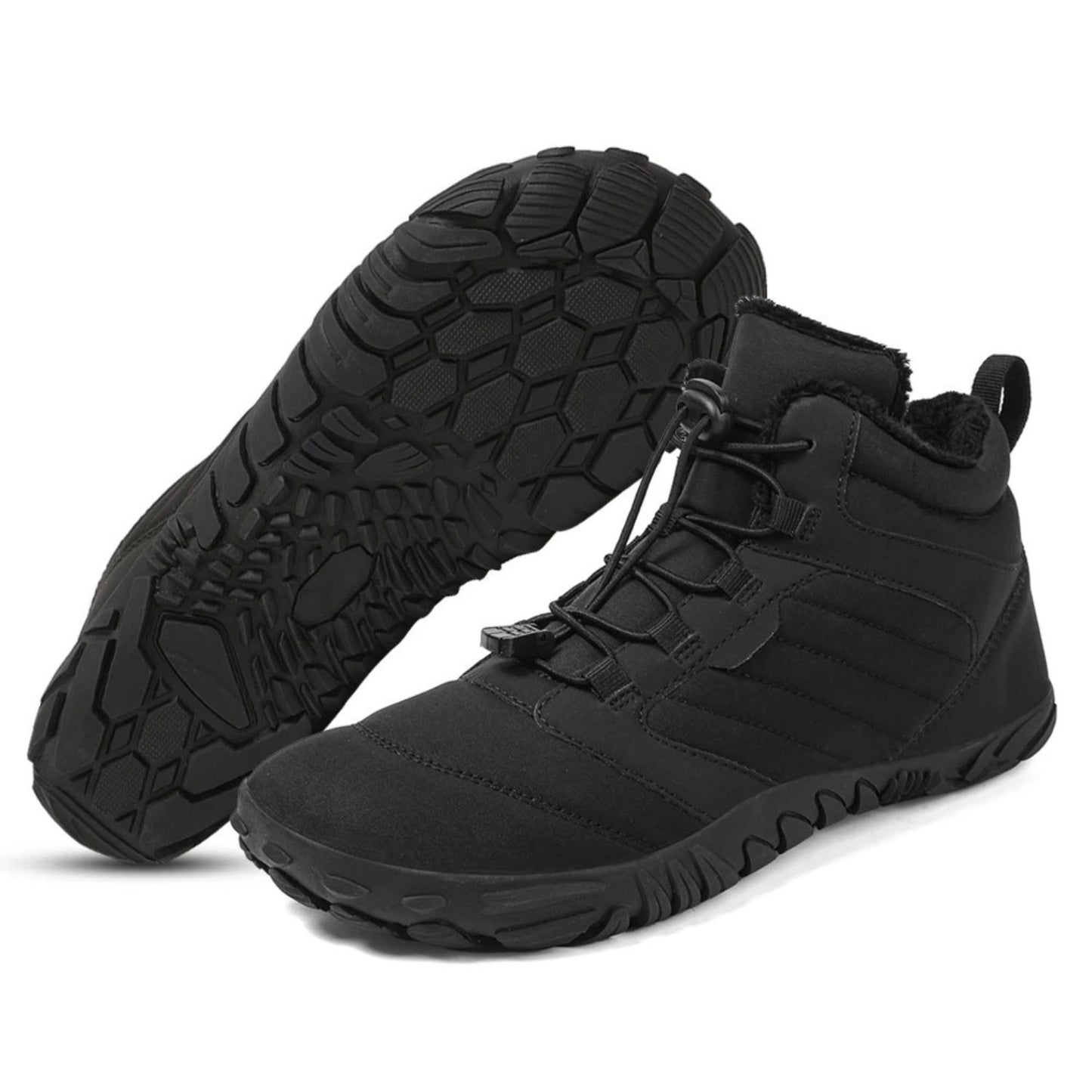 Black mid-top winter boot with lace-up front, rugged sole, and fleece lining, shown from side and bottom view.