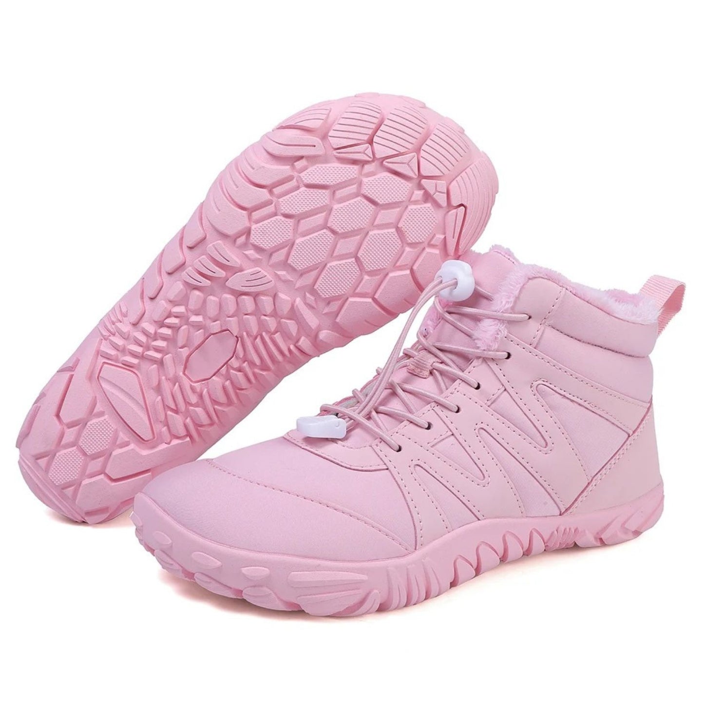 Pink winter boot with padded collar and thick treaded sole, shown from side and sole view.