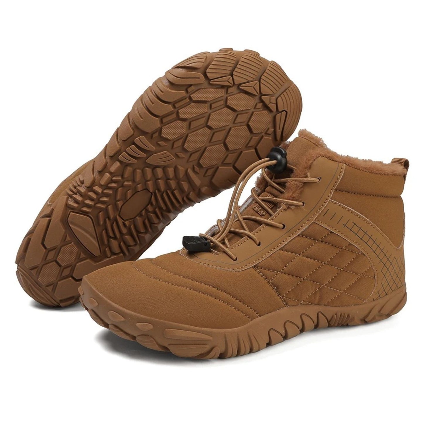 Brown lace-up winter boot with durable sole and quilted upper, side and bottom view.