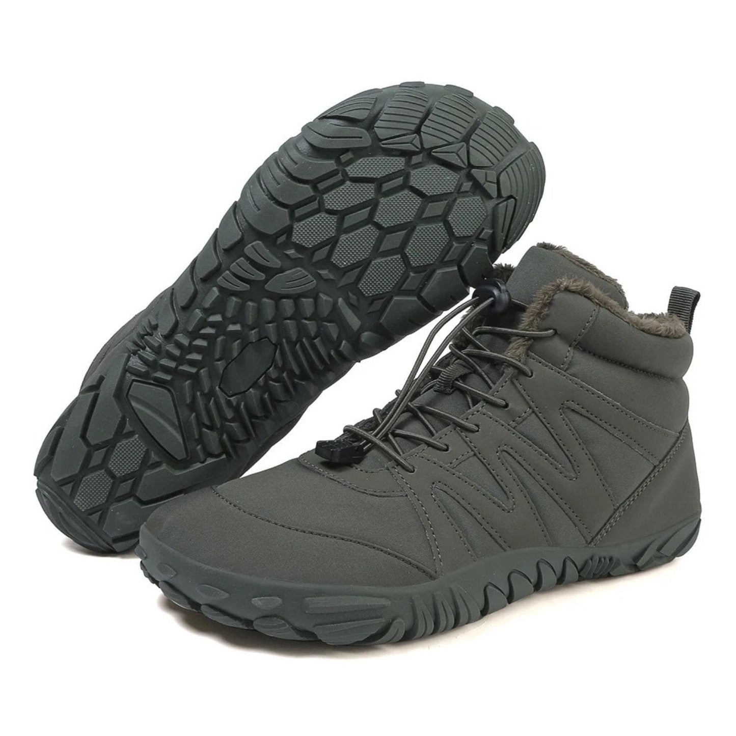 Army green winter boot with thick outsole and cozy inner lining, shown from side and sole.