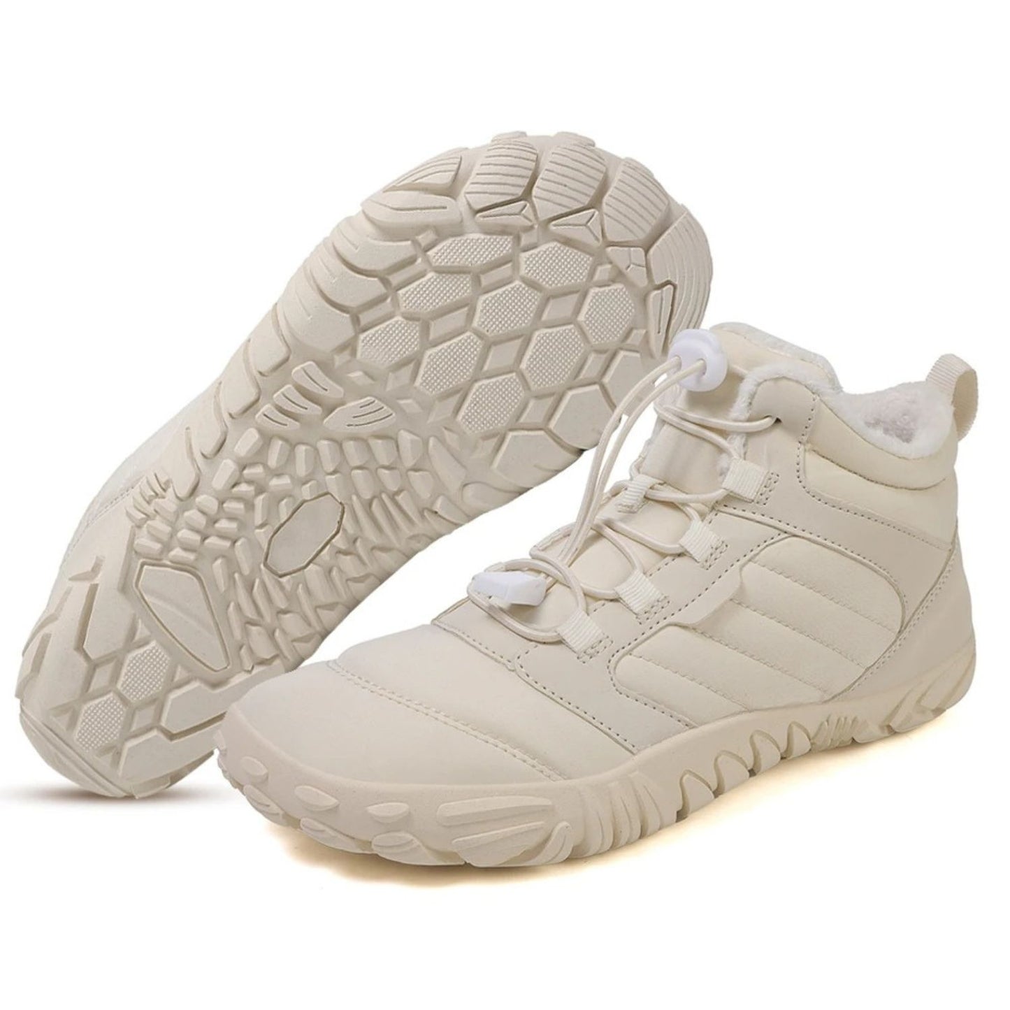 Beige fleece-lined winter boot with textured sole and side profile design.