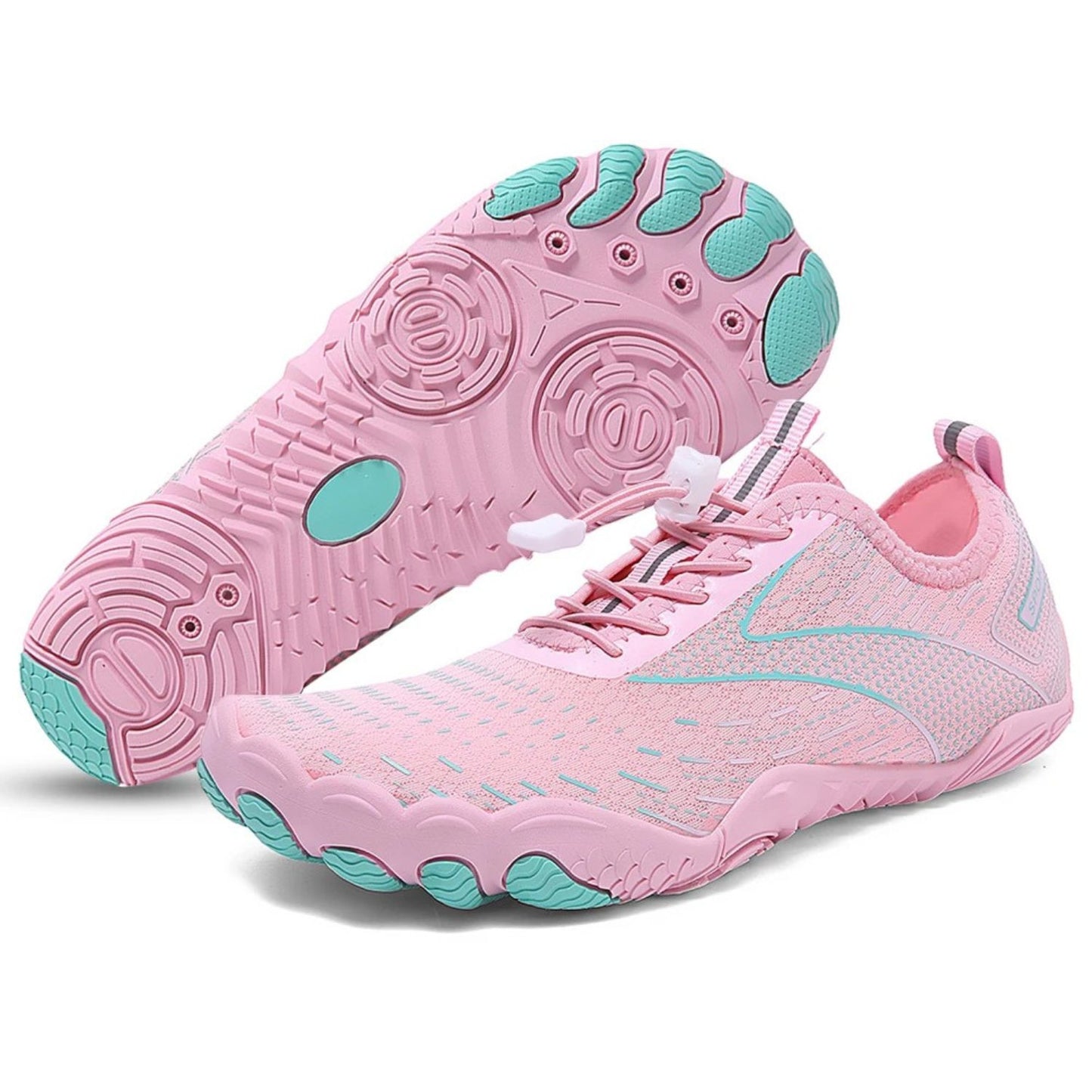 Pair of pink and white barefoot shoes with aqua green sole grips, side and bottom view.