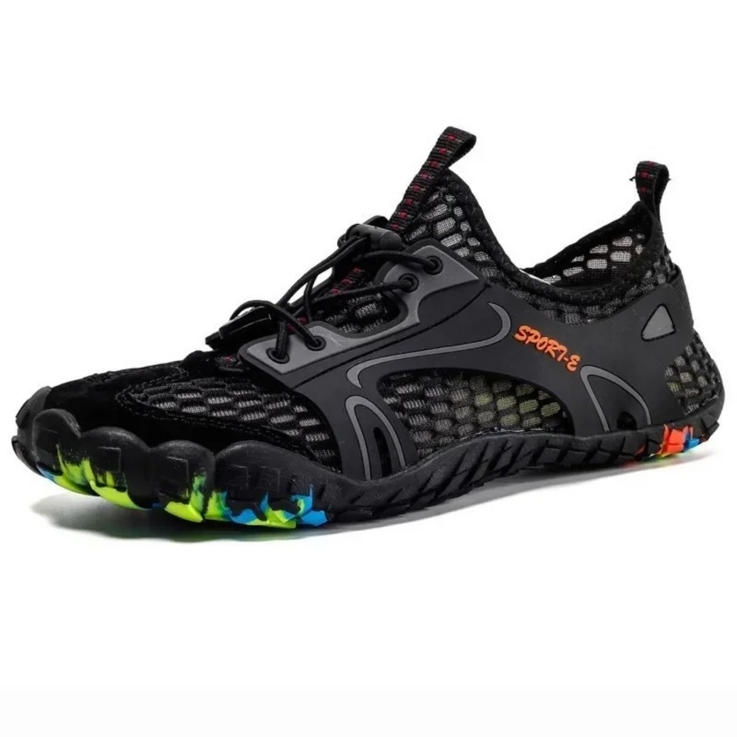 Black water shoe with breathable mesh and rainbow-colored sole, side profile.