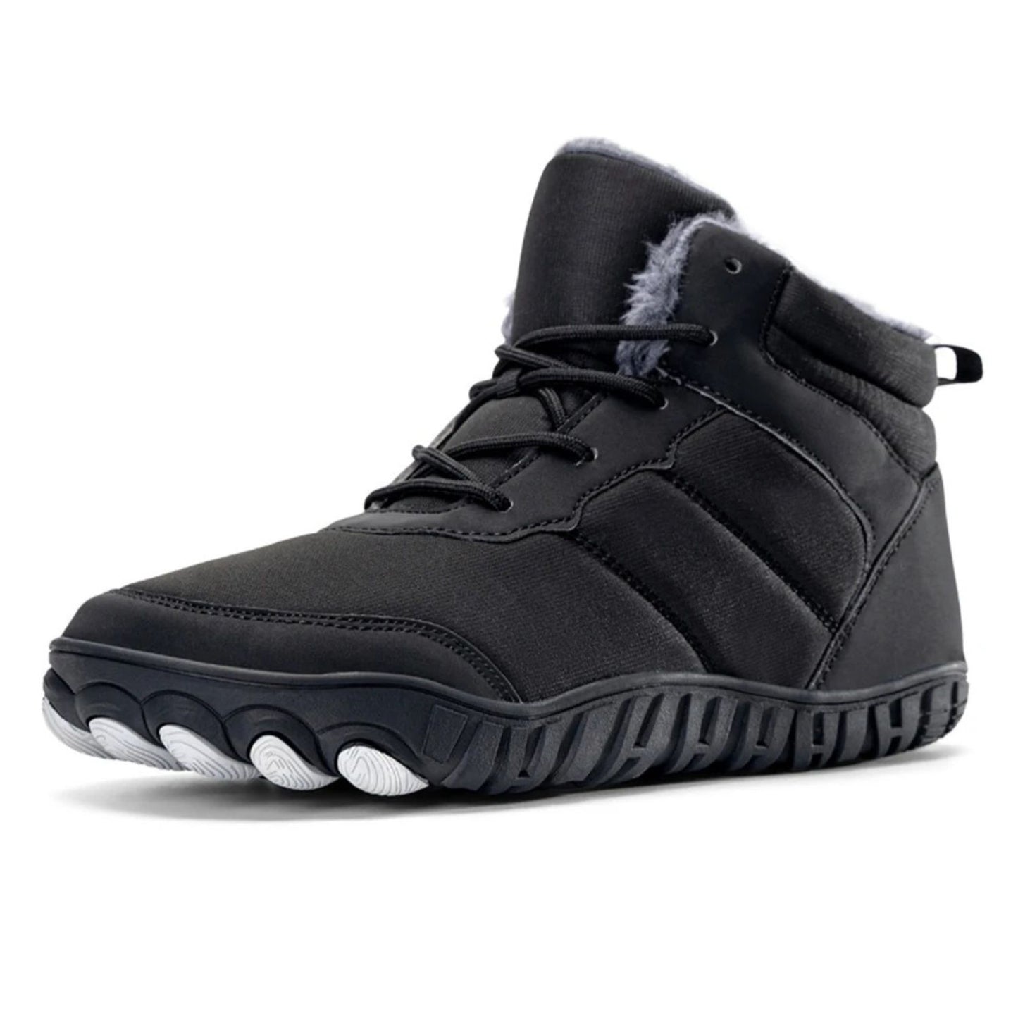 Black mid-top winter boot with lace-up front, rugged sole, and fleece lining, angled side view.
