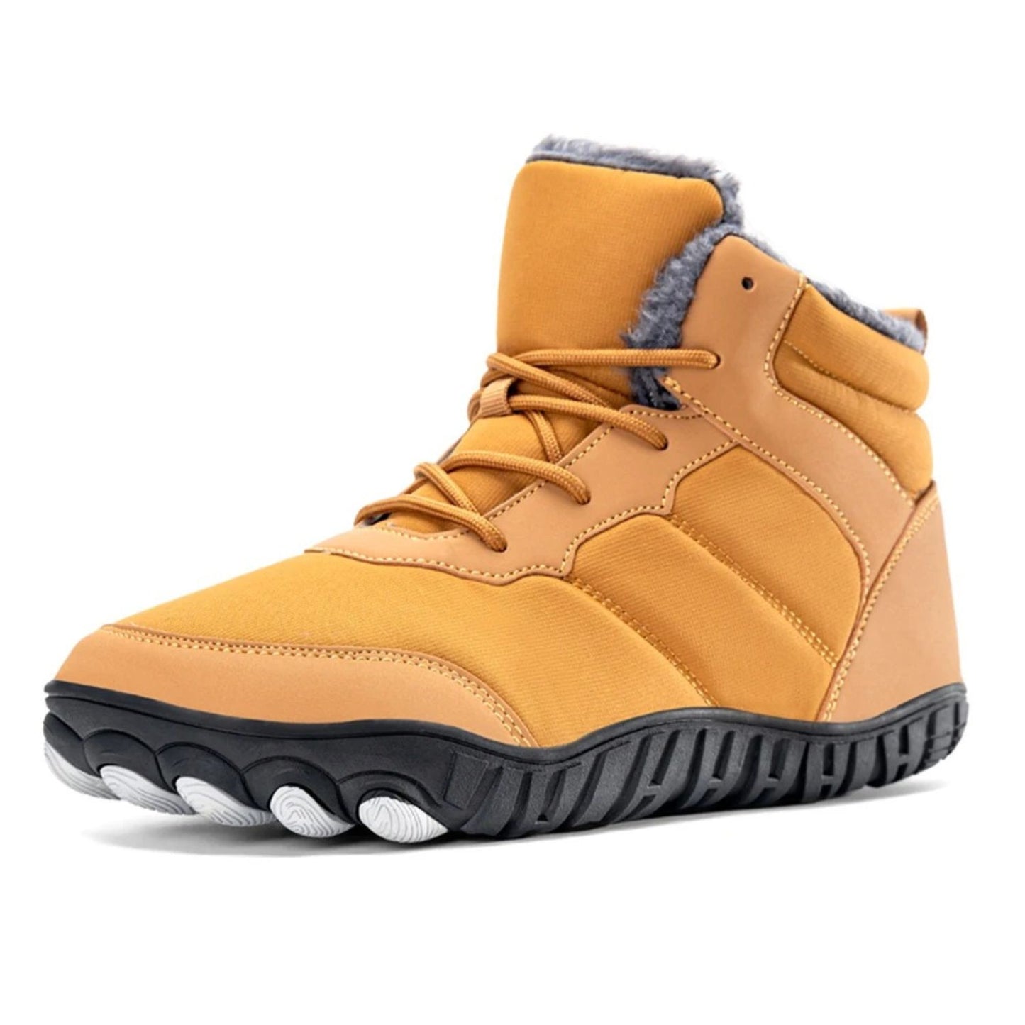 Yellow winter boot with padded ankle collar, black sole, and lace-up design.