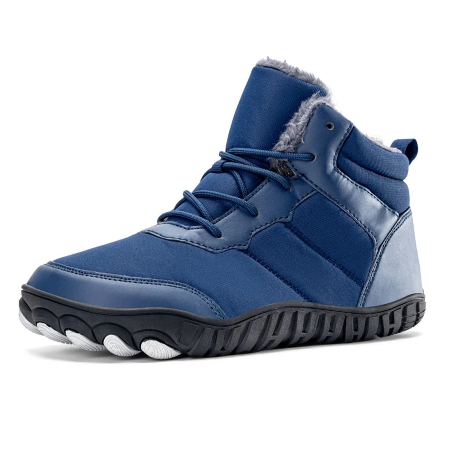 Blue insulated winter boot with fleece lining and black traction sole, side profile.