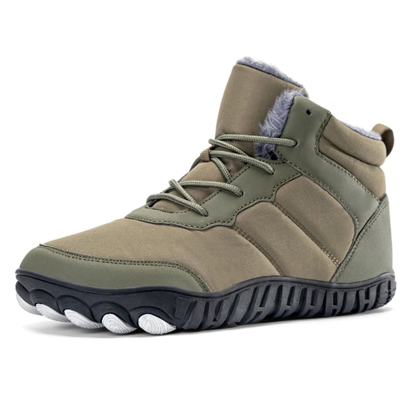 Olive green winter boot with lace-up front and cushioned ankle support.