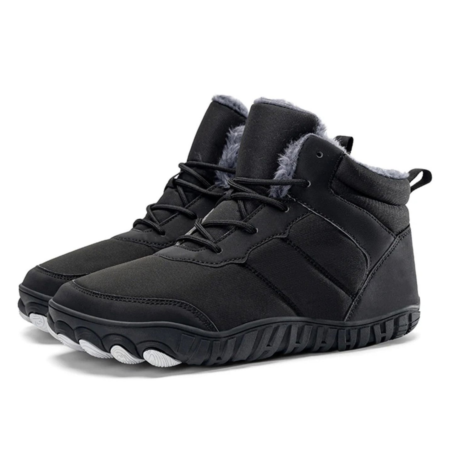 Black winter boot shown from rear angle with visible fleece collar and rugged sole.
