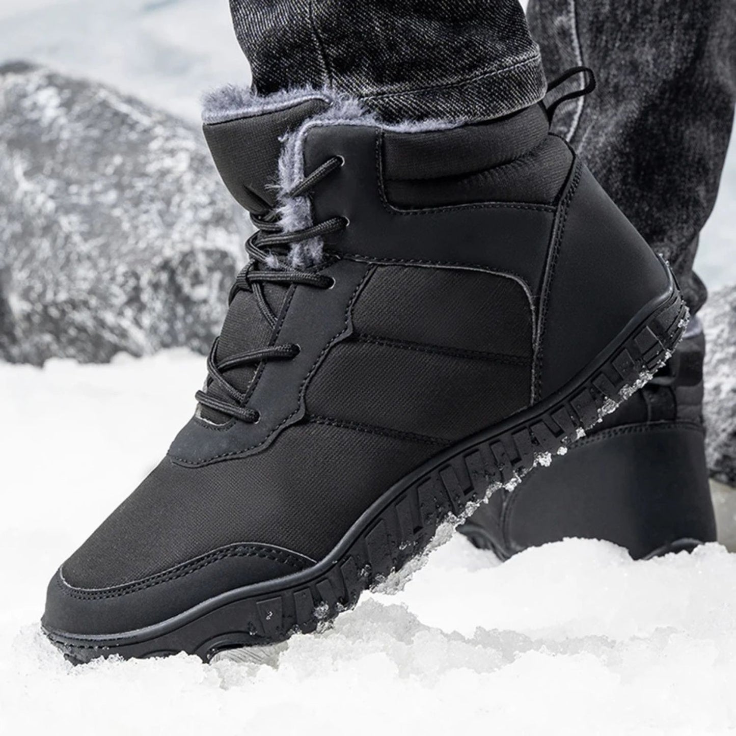 Person wearing black winter boots with rugged soles, standing in fresh snow.