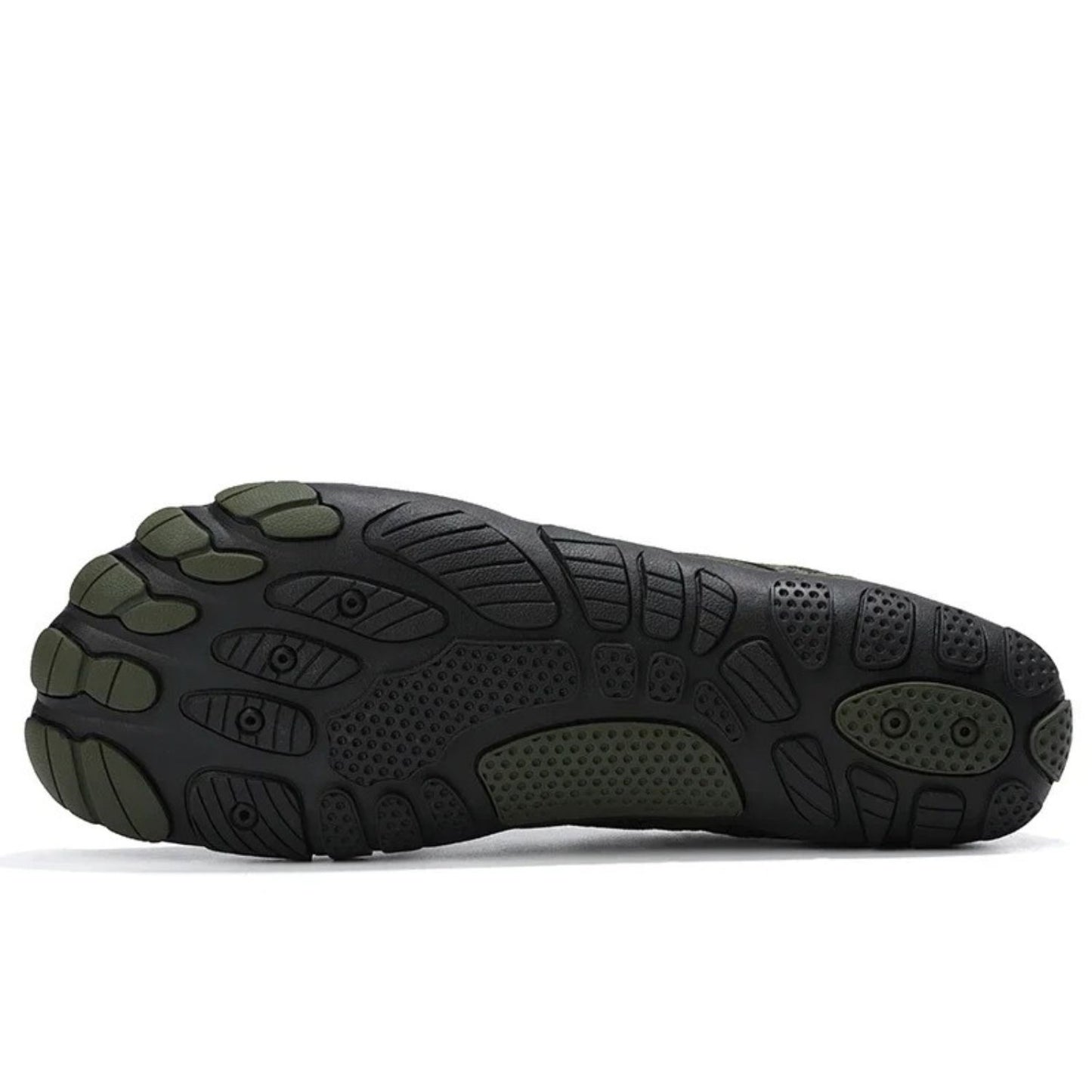 Bottom view of black water shoe outsole with green anti-slip tread pattern.