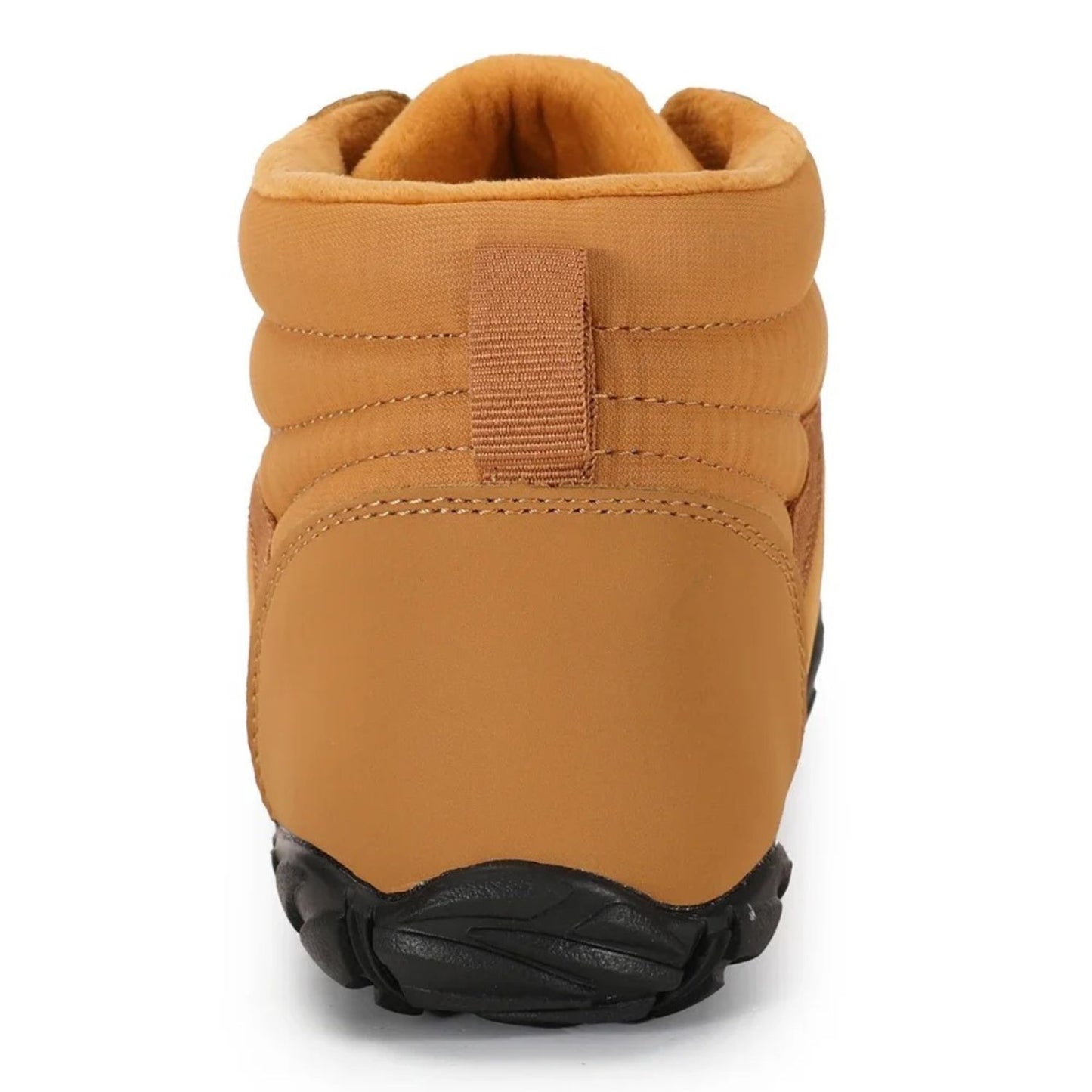 Back view of brown hiking boot with padded collar and pull tab above heel.