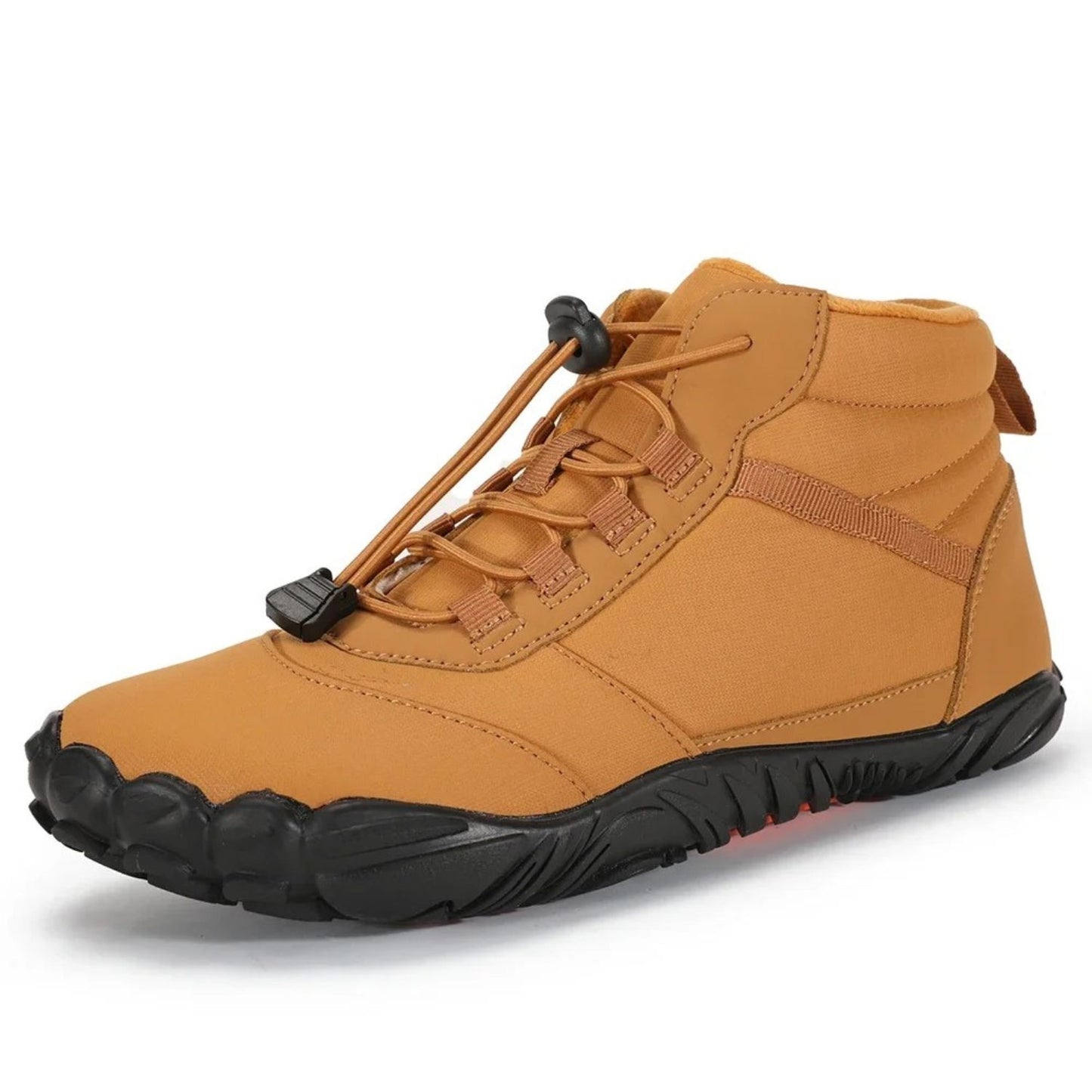 Top view of brown outdoor boot showing lace-up system and rounded toe design.