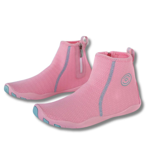 Pair of pink zip-up high-ankle water shoes with blue toe guard and textured sole.