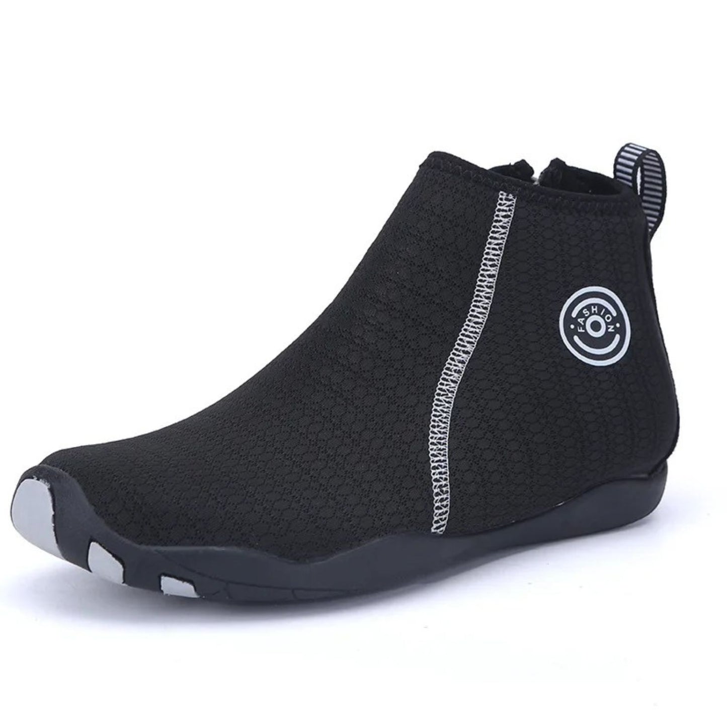 Black high-ankle water shoe with side zipper and blue sole detail, shown from side.
