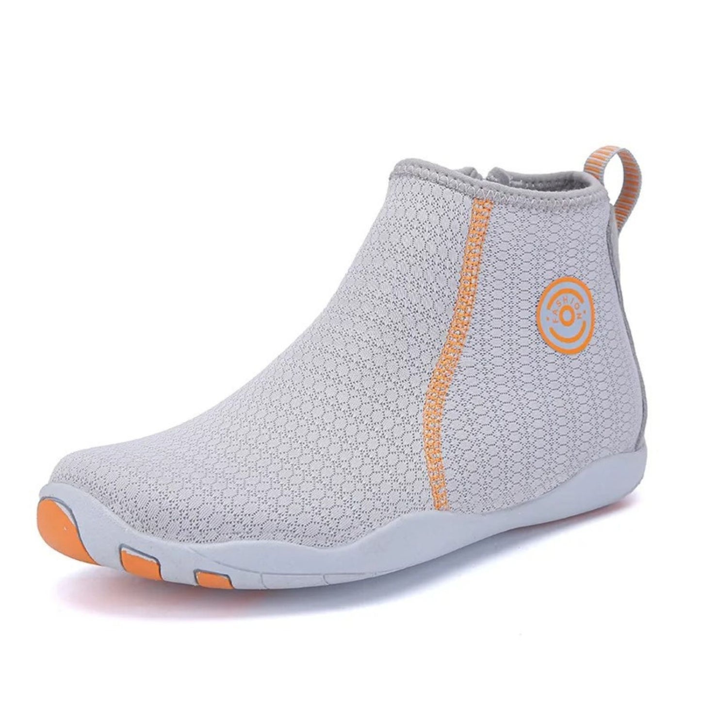 Gray water shoe with high ankle cut, side zipper, and orange sole grip accents.
