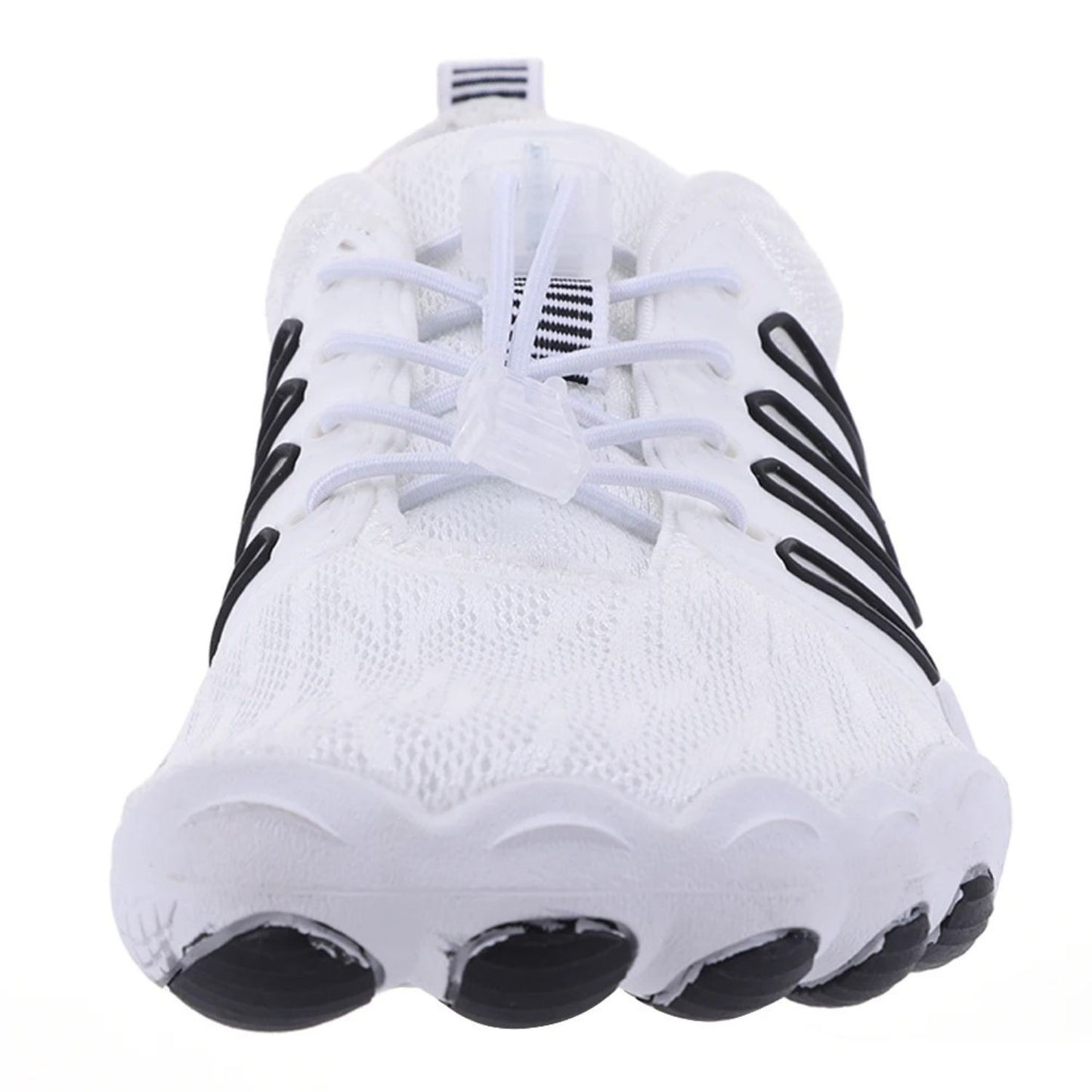 Front view of white five-toe shoe with black stripes and individual toe compartments.