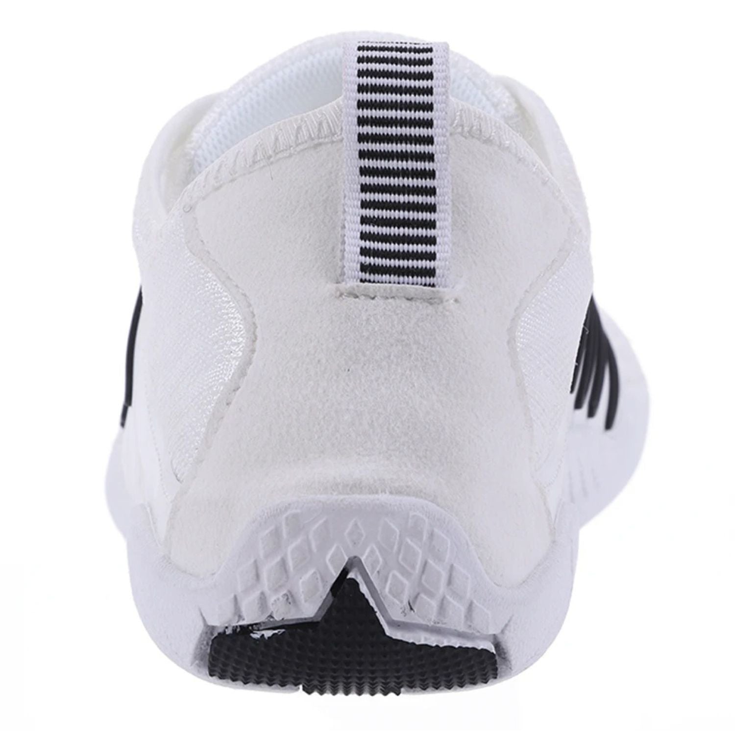 Rear view of white barefoot shoe with black vertical heel tab and low ankle cut.