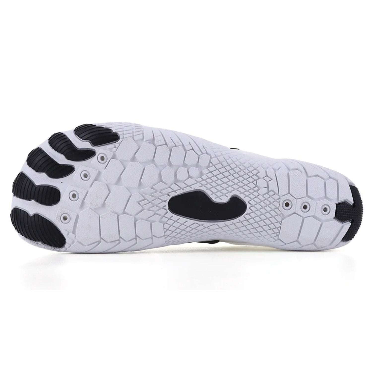White barefoot shoe shown from side and outsole view against white background.