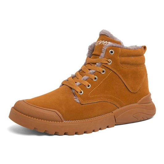 Brown lace-up winter boot with cushioned sole and faux fur lining, side profile.