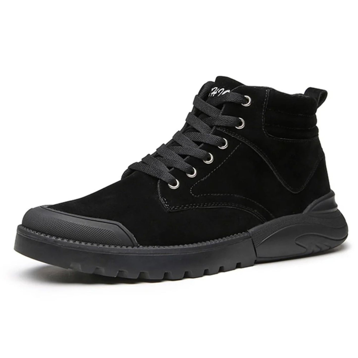 Black winter boot with lace-up front and rugged sole, shown from the side.