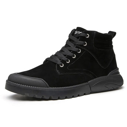Black winter boot with lace-up front and rugged sole, shown from the side.