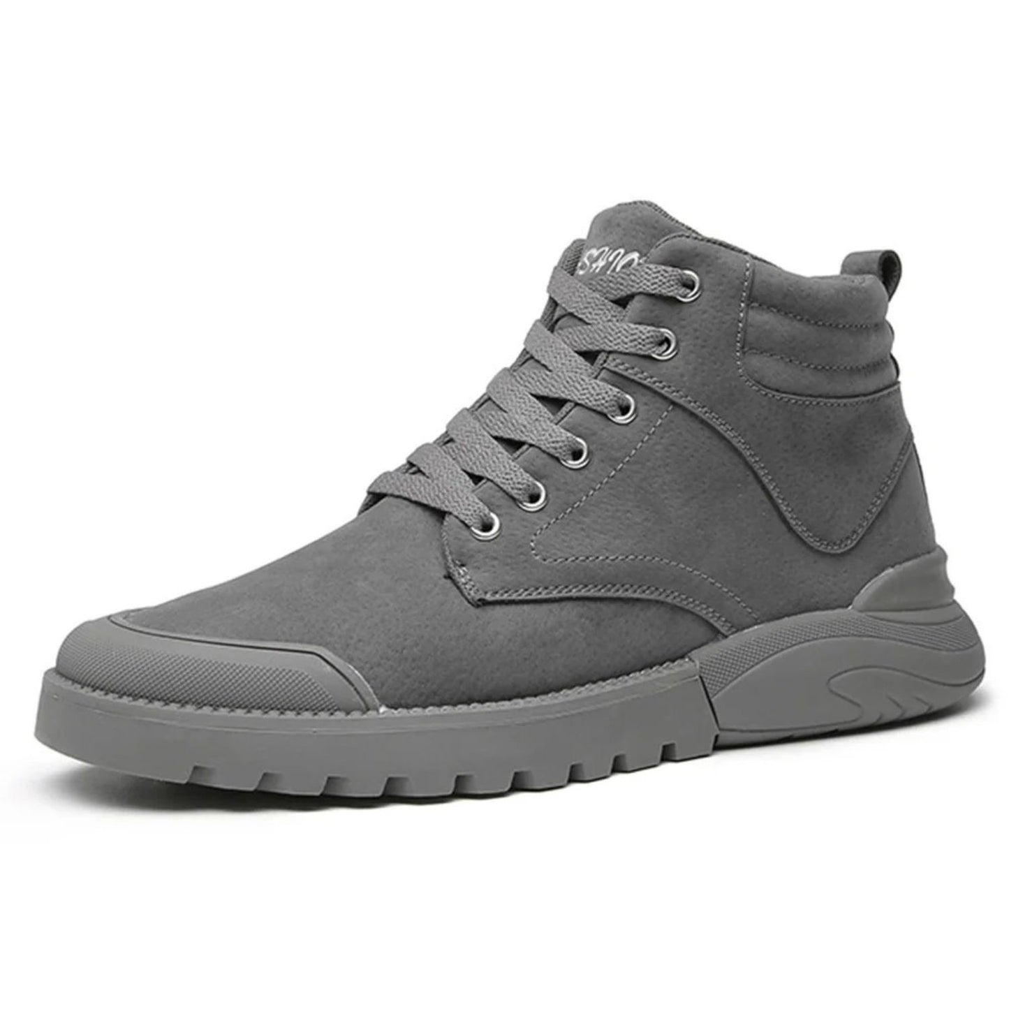 Gray lace-up winter boot with padded collar and thick sole, side profile view.