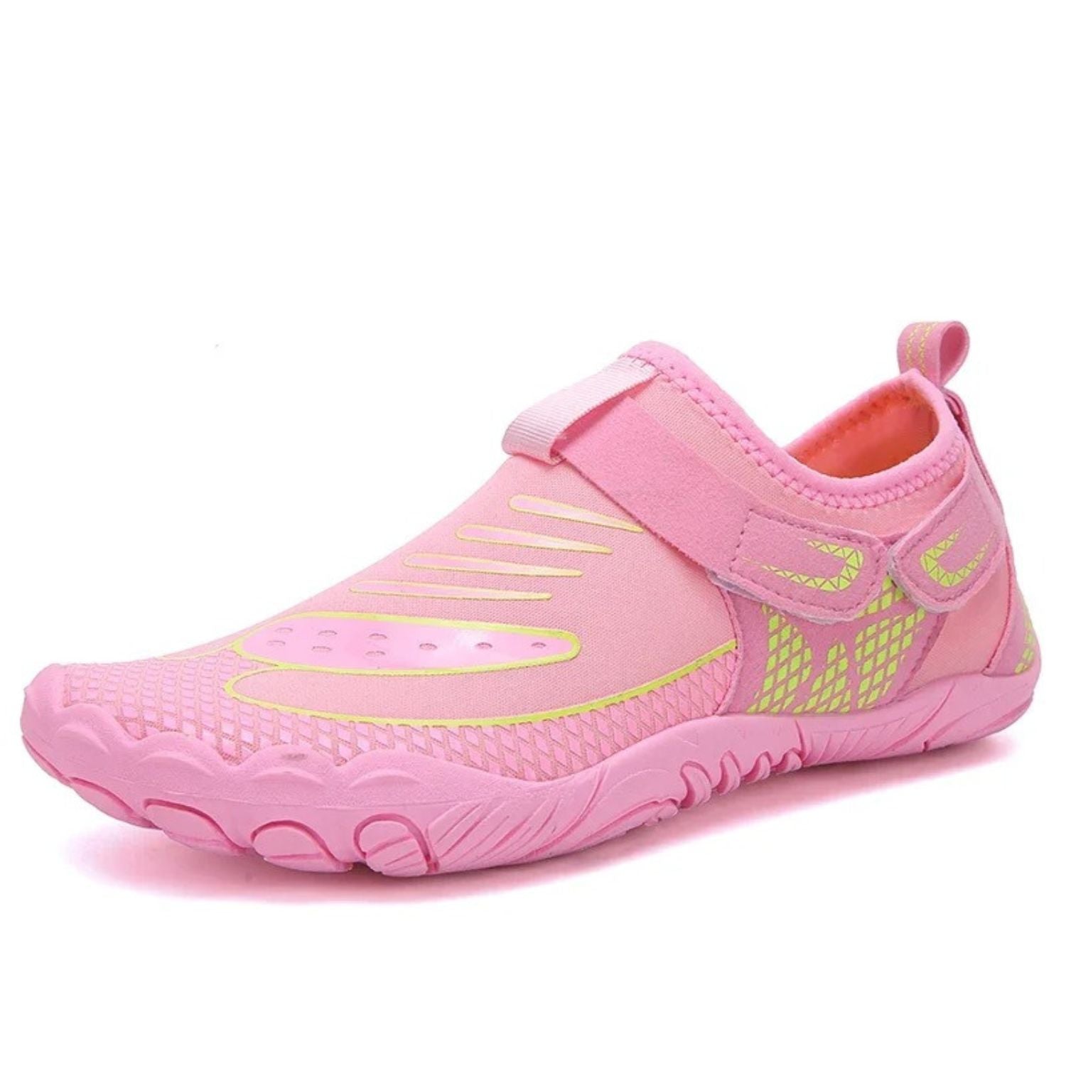 Pink water shoe with yellow accents and velcro strap, shown from side angle.