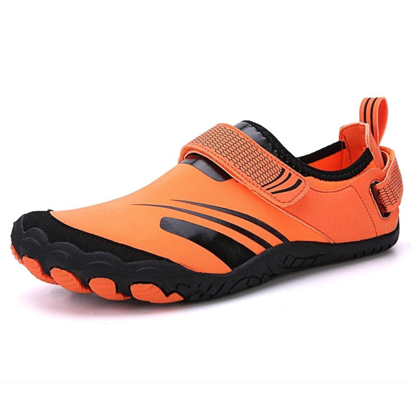 Orange and black water shoe with breathable mesh and pull tab, angled view.