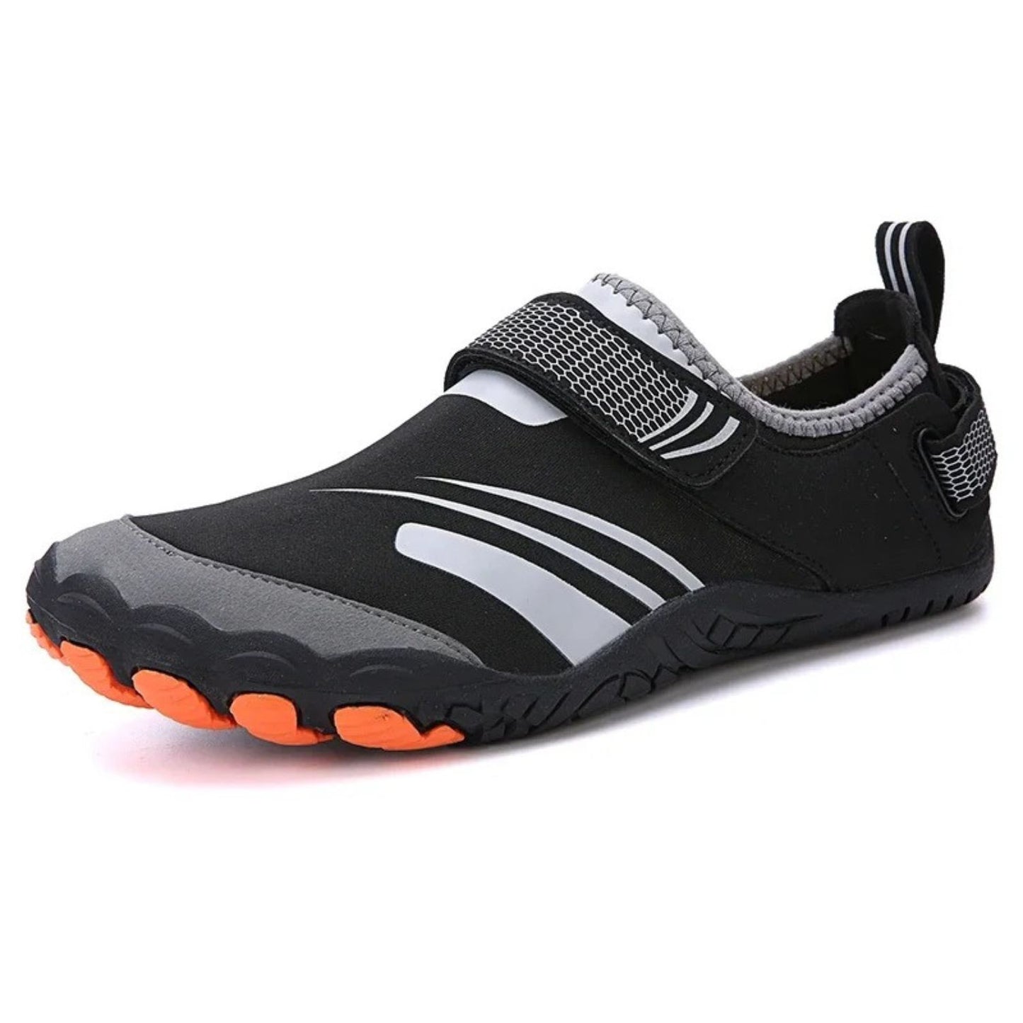 Black water shoe with white stripes and textured sole, angled side view.