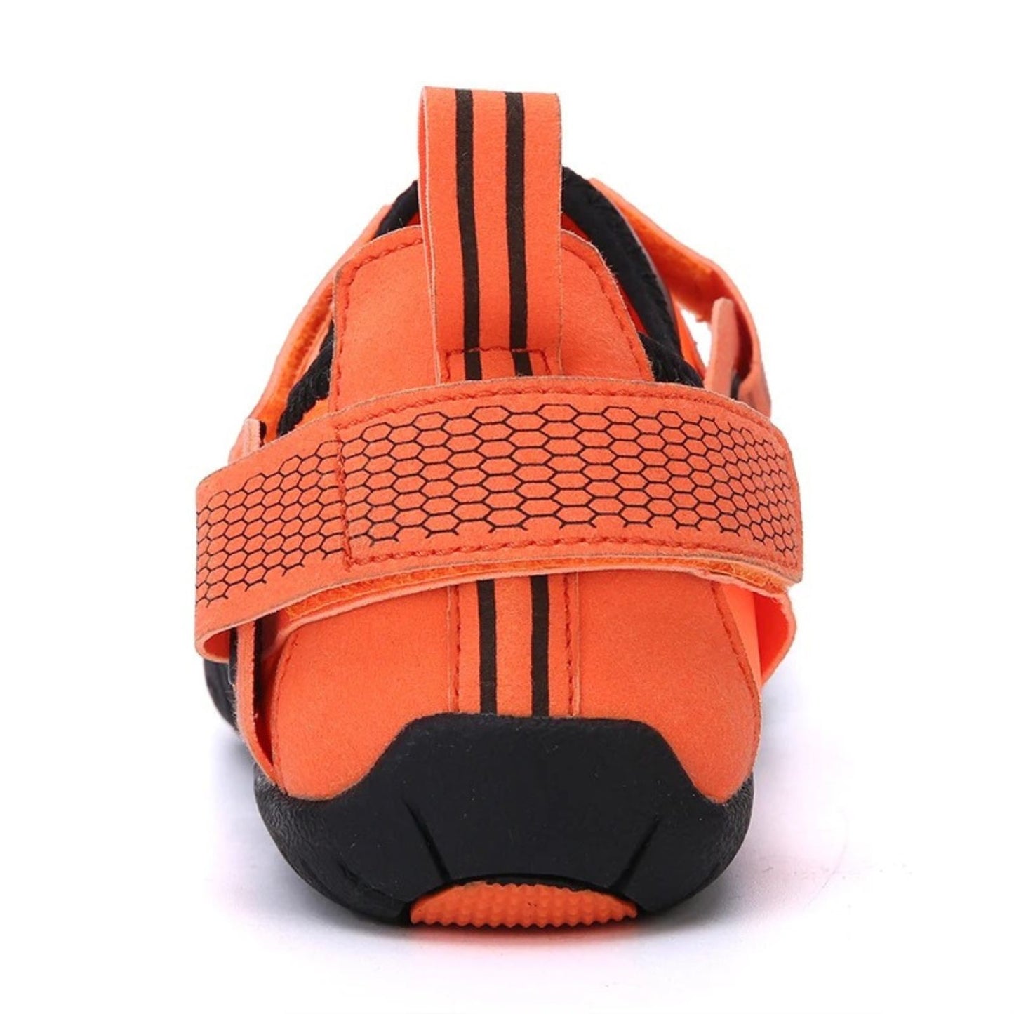 Back view of orange water shoe with elastic strap and pull loop.