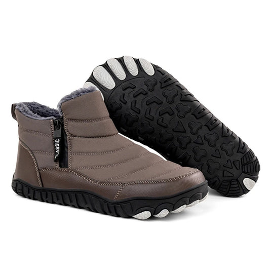 Brown ankle-high winter boot with black sole, side zipper, and fleece lining, shown with bottom view.