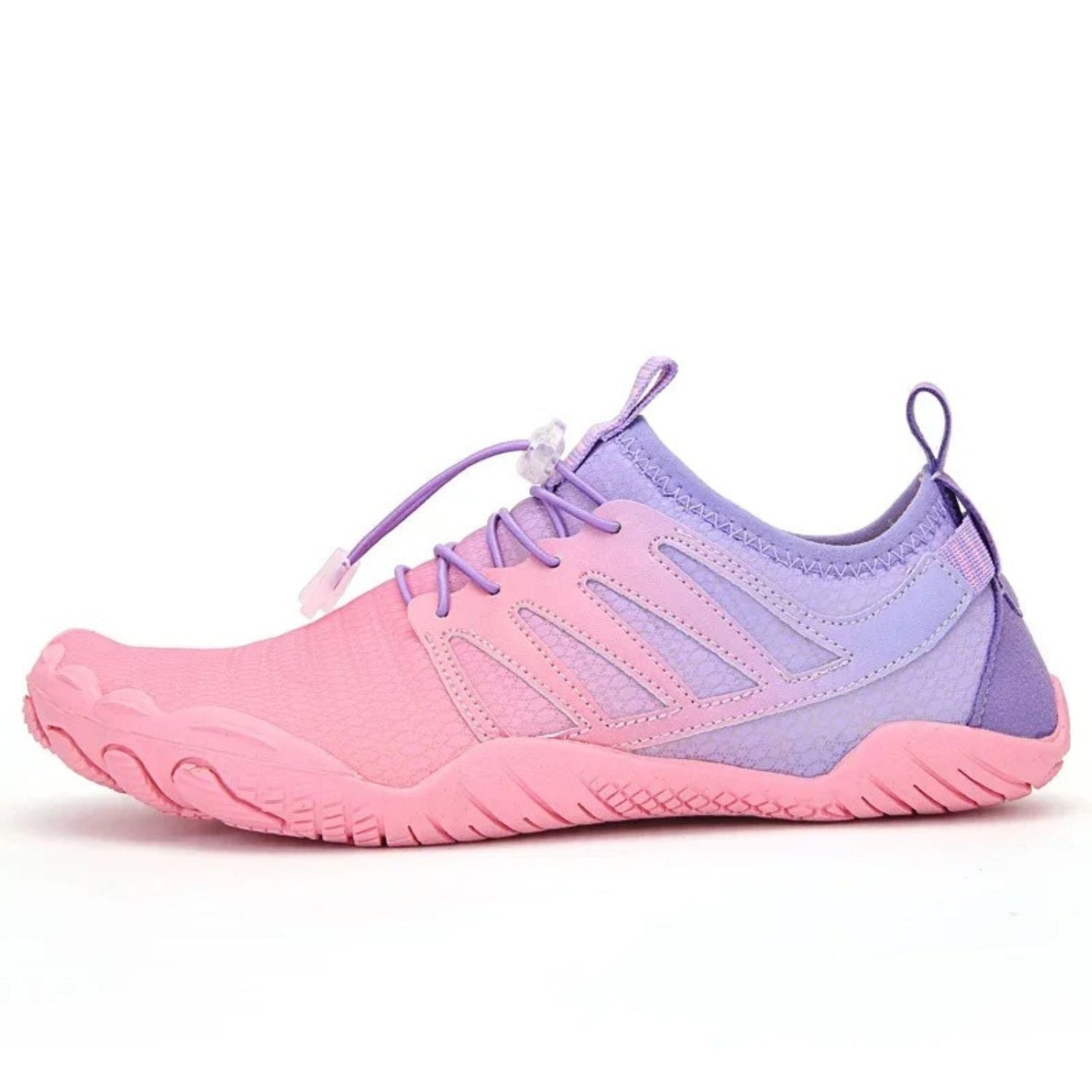 Pink and lavender water shoe with breathable mesh and toggle laces, side view.