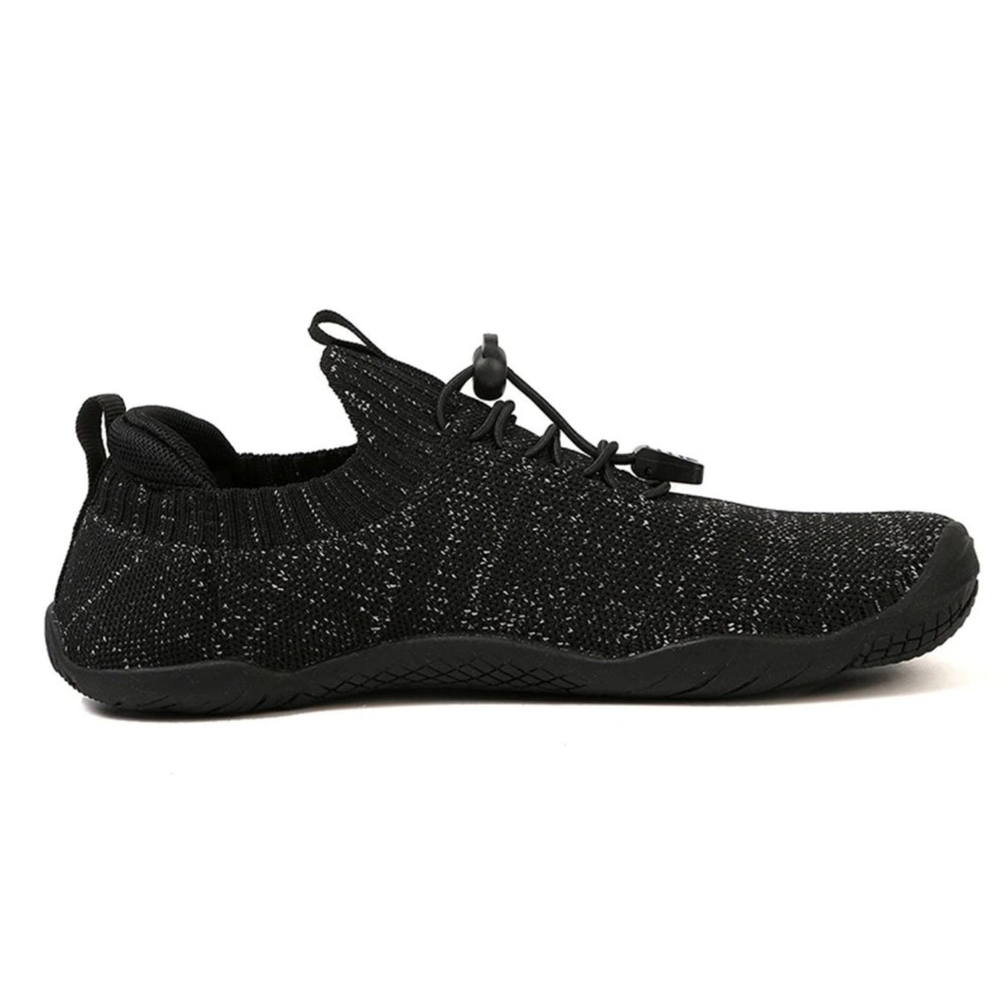 Side view of black barefoot shoe with knit design and adjustable toggle laces.