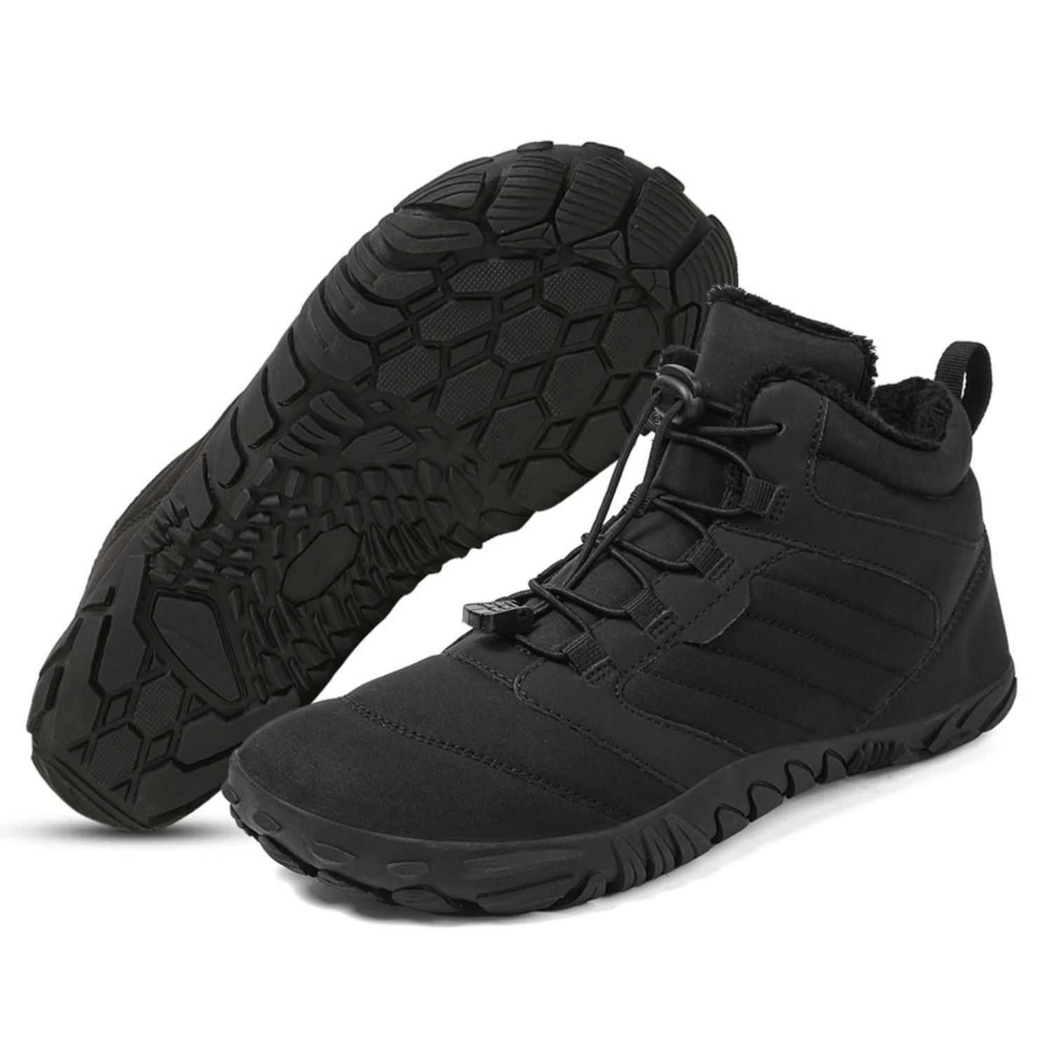 Black mid-top winter boot with lace-up front, rugged sole, and fleece lining, shown from side and bottom view.