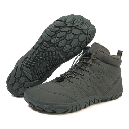 Army green winter boot with thick outsole and cozy inner lining, shown from side and sole.