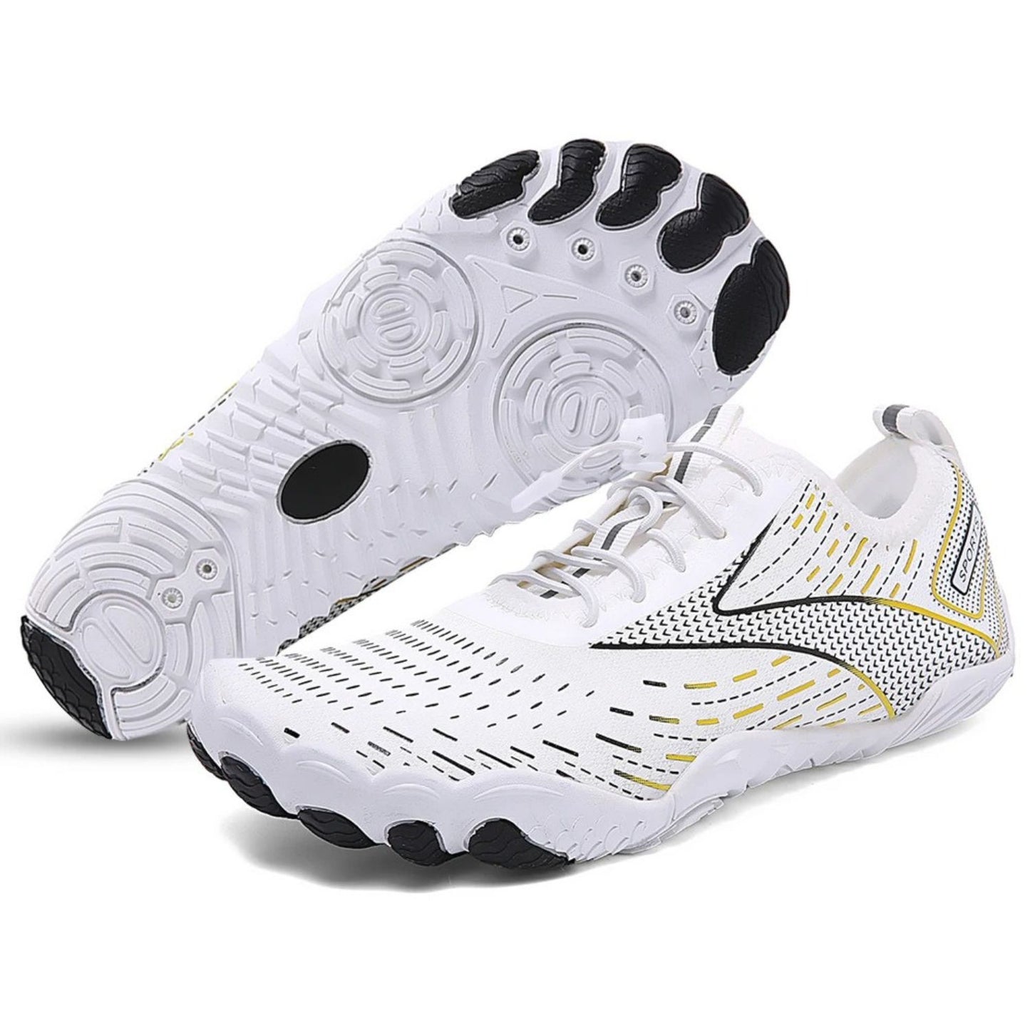 White barefoot shoe with yellow and black accents, shown from side and bottom view with circular textured sole.