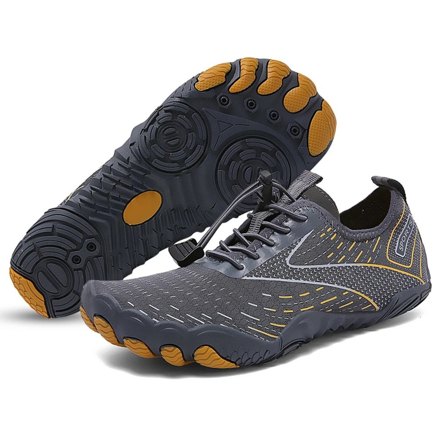 Dark gray barefoot shoe with yellow grip details, shown from side and sole.