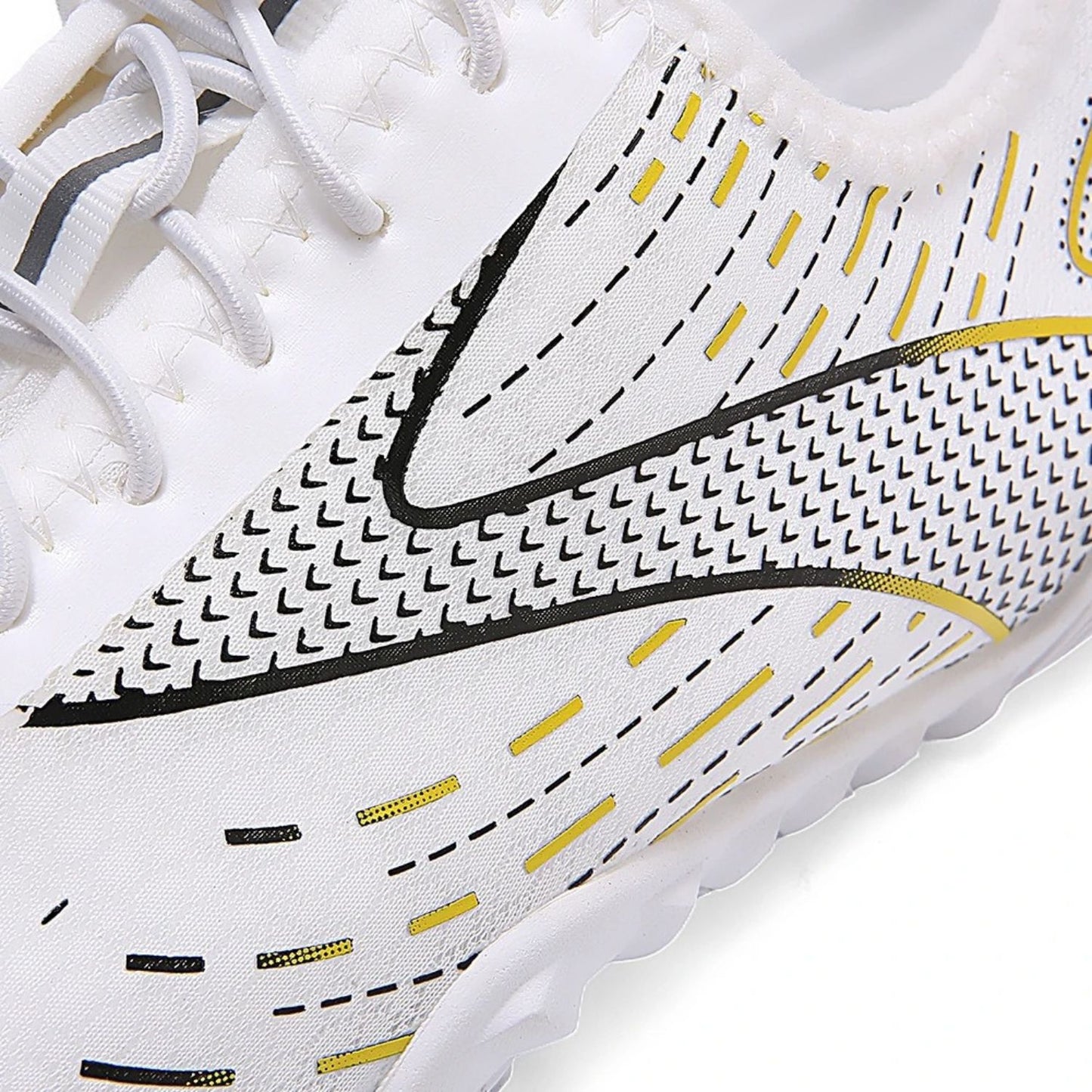 Close-up of side mesh pattern and stitching on white barefoot shoe with yellow accents.
