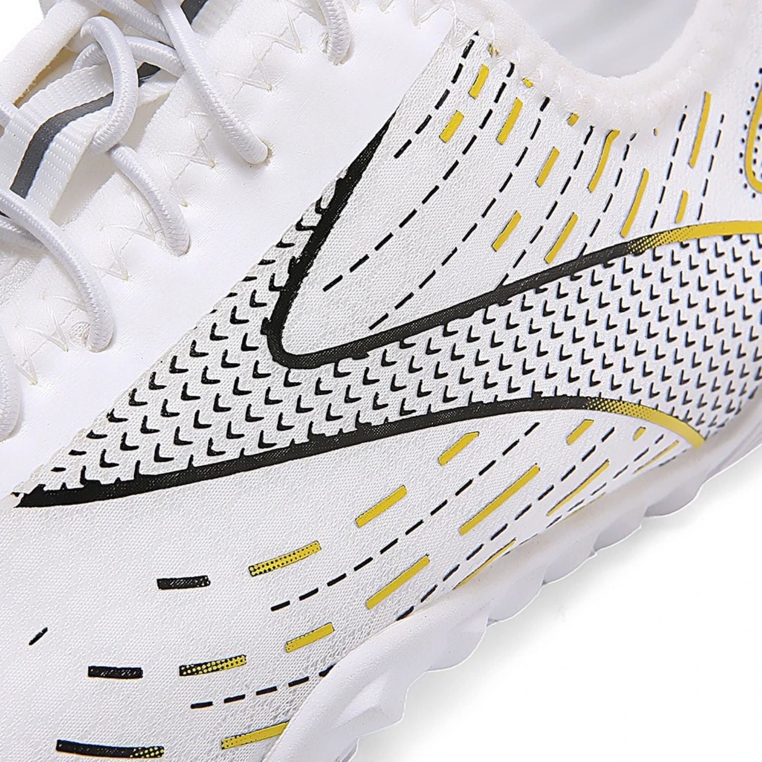 Close-up of side mesh pattern and stitching on white barefoot shoe with yellow accents.