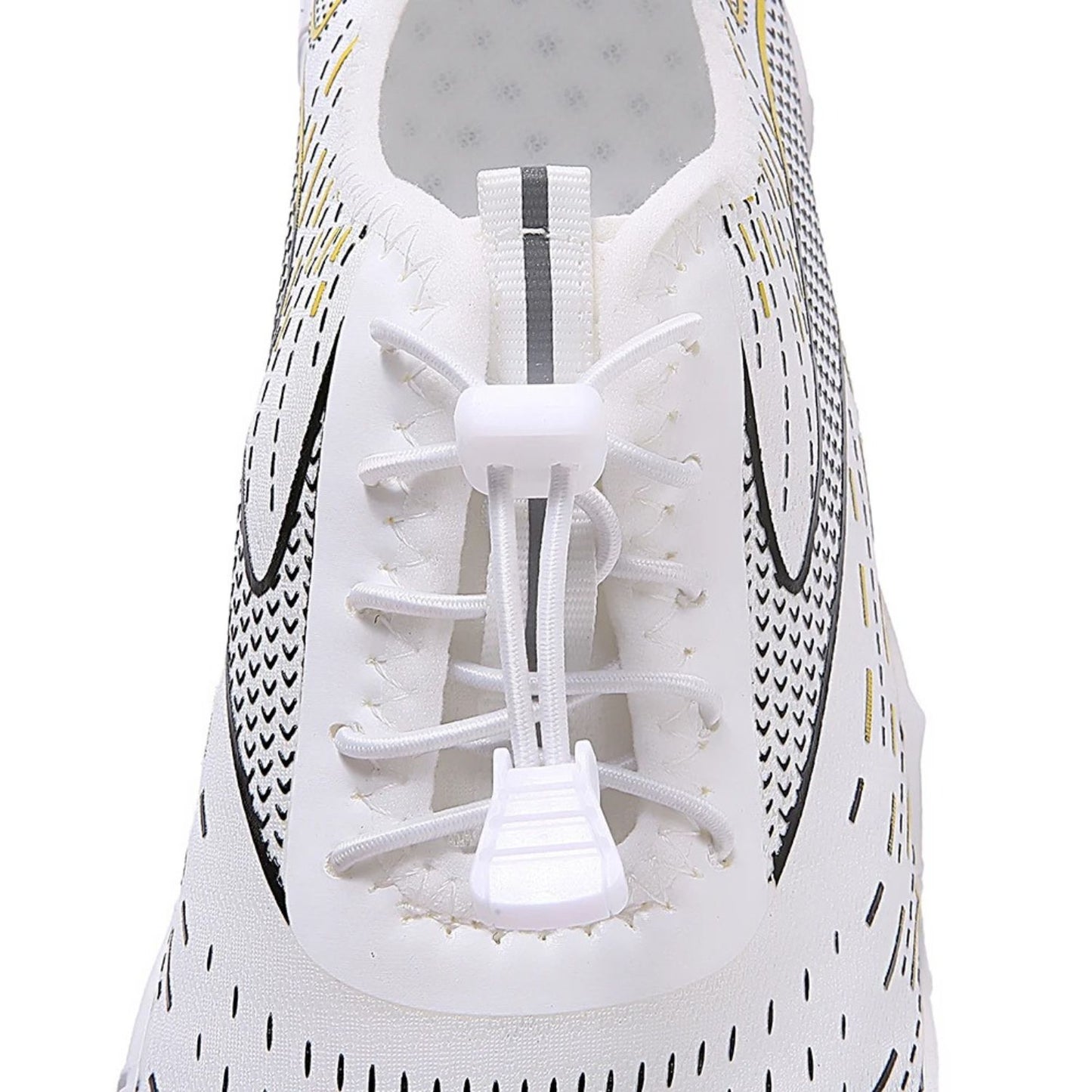 Front view of white barefoot shoe with lace-up closure and ventilated upper.