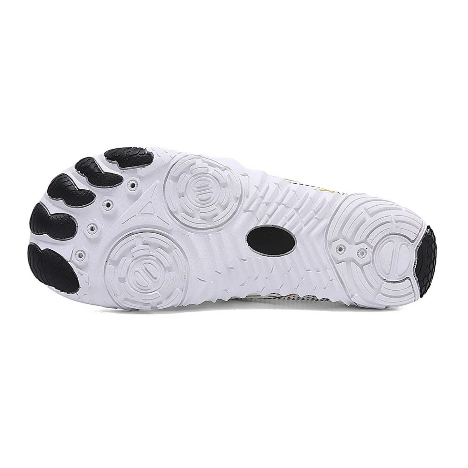 White barefoot shoe displayed from side and outsole against white background.