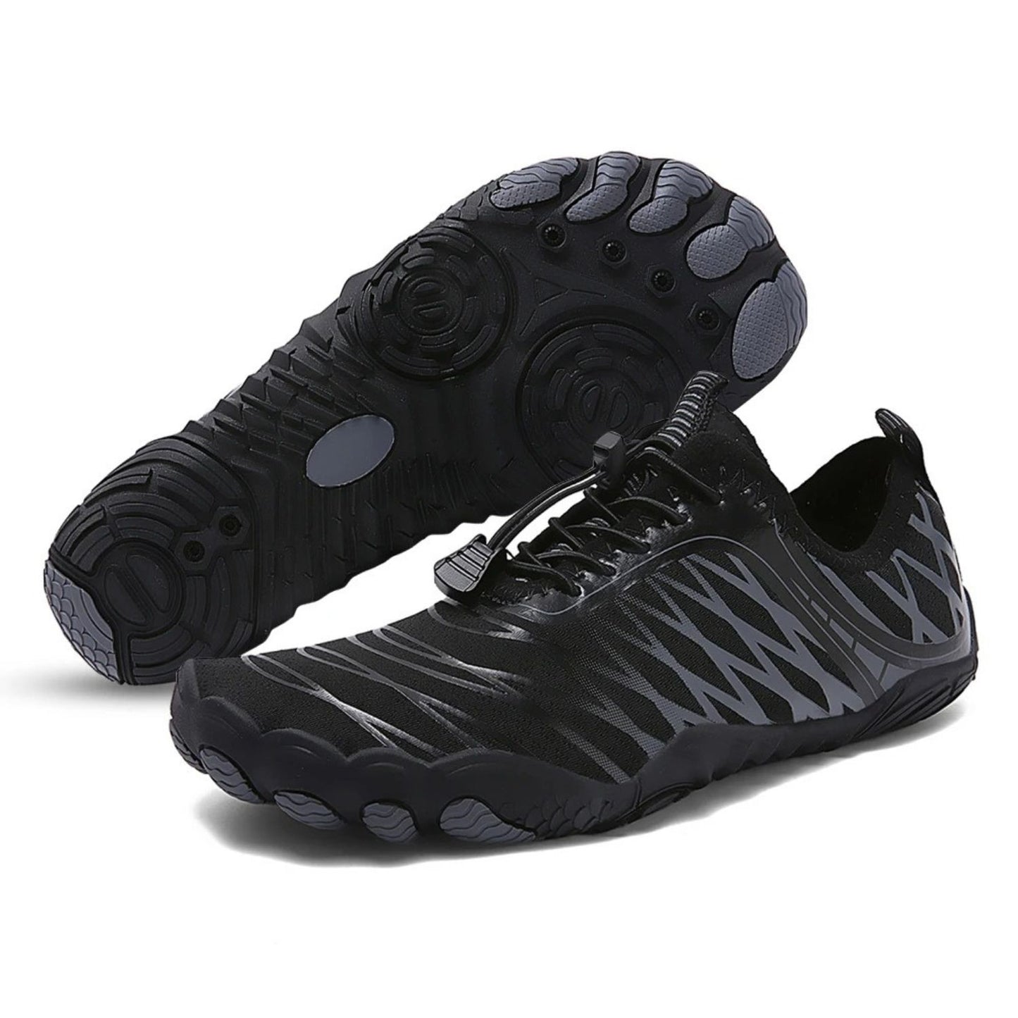 Black minimalist barefoot shoe with gray sole, breathable mesh, and lace-up design.