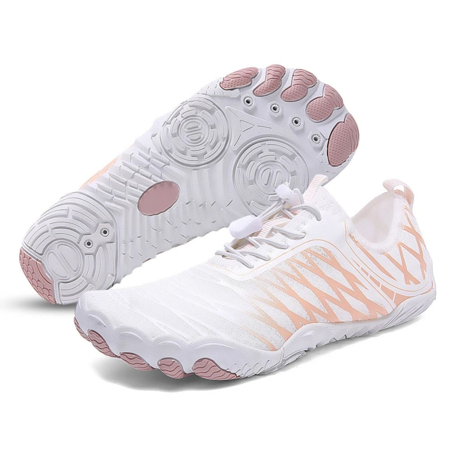 White barefoot shoe with soft pink sole and gradient mesh upper, shown side by side.
