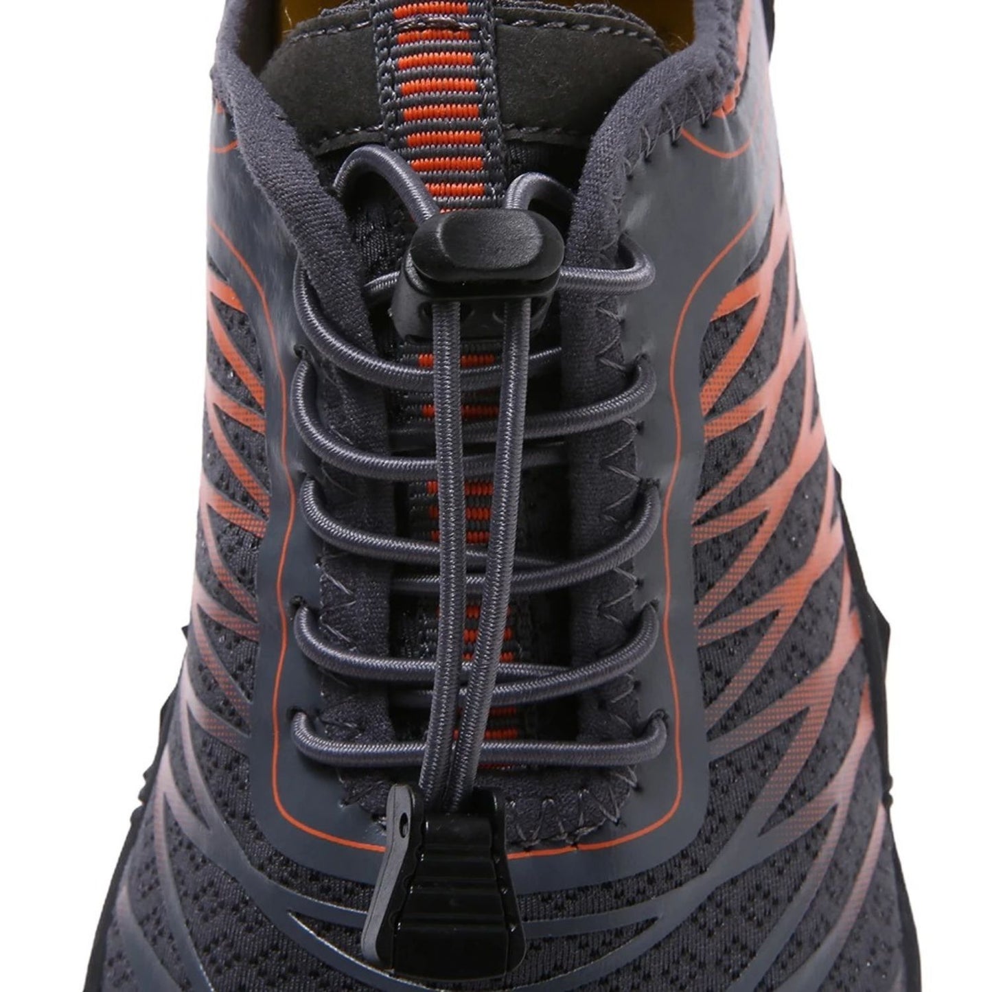 Front view of black barefoot shoe with orange stripes and reinforced toe design.