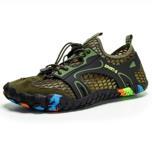 Green and black water shoe with mesh upper and multicolor sole, side angle view.